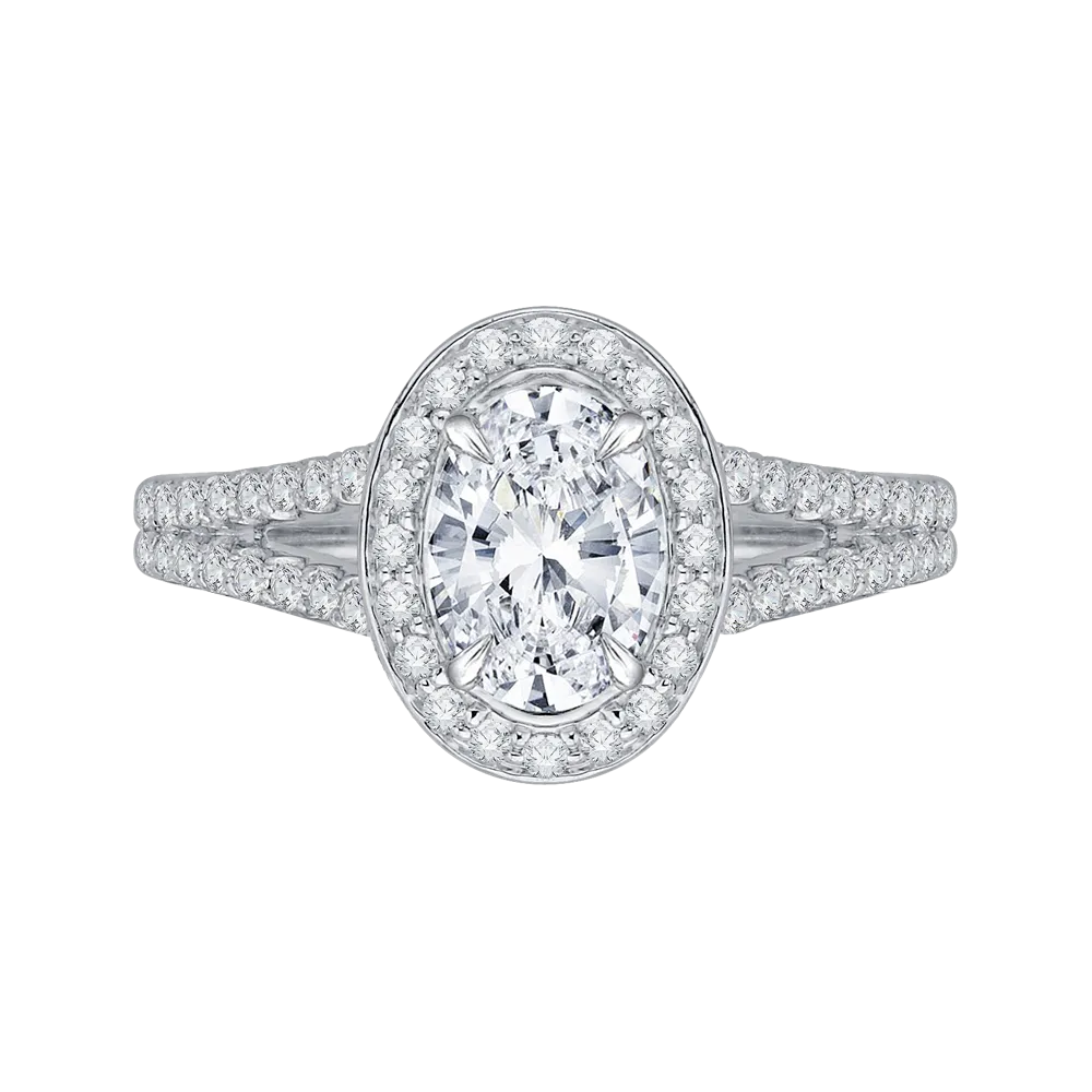 14K White Gold Oval Diamond Halo Engagement Ring with Split Shank (Semi Mount)