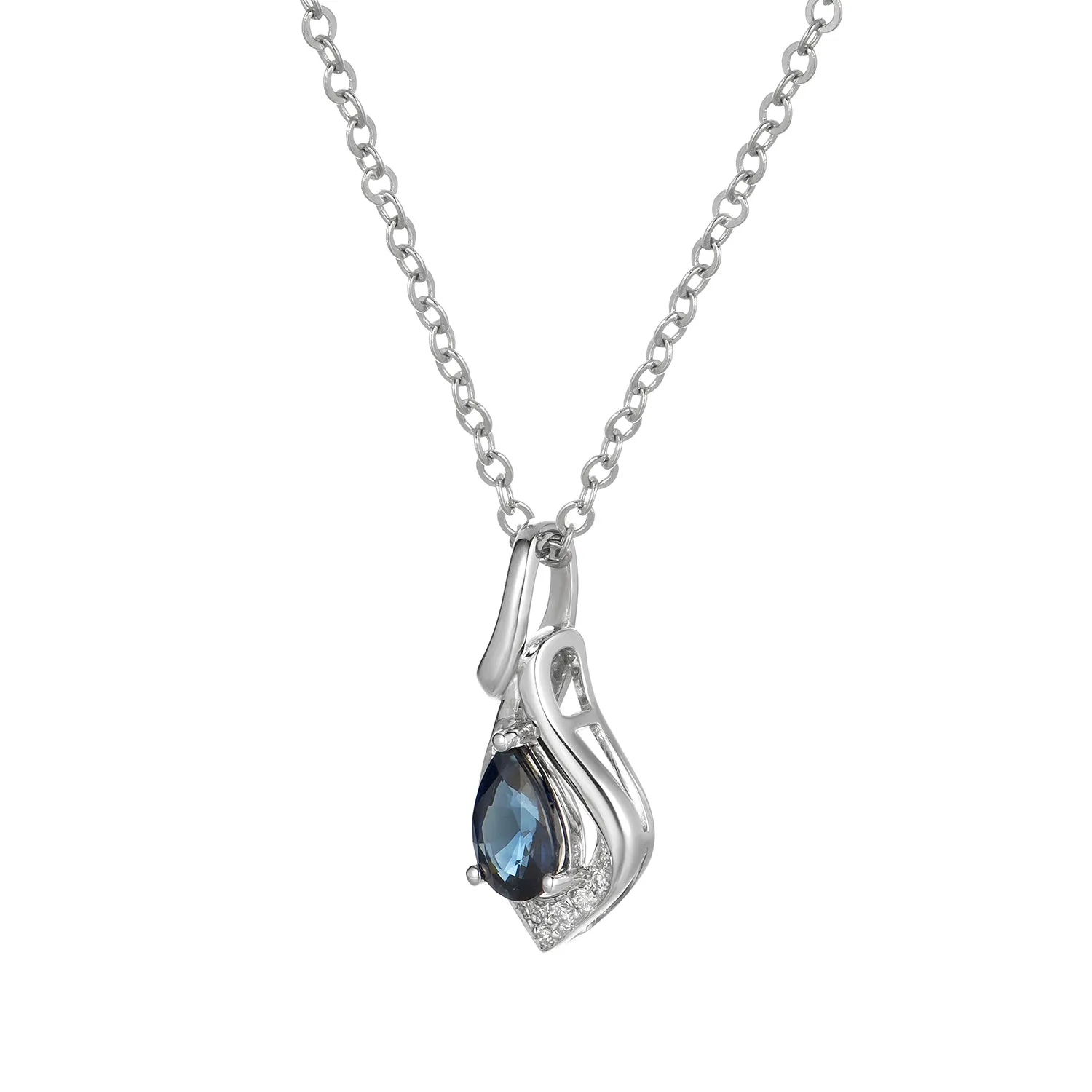 14K White Gold Pear Shape Sapphire Diamond Pendant Necklace