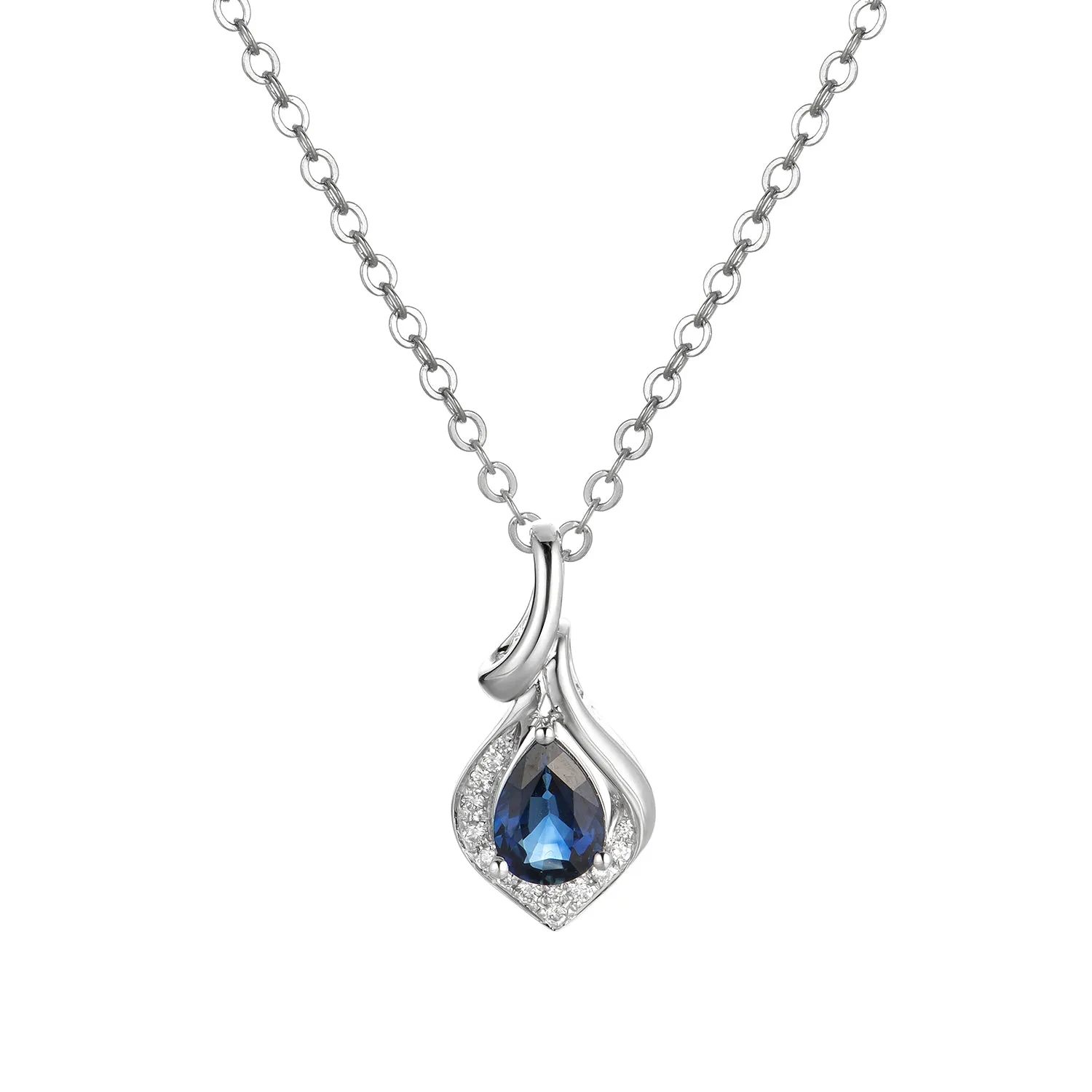 14K White Gold Pear Shape Sapphire Diamond Pendant Necklace