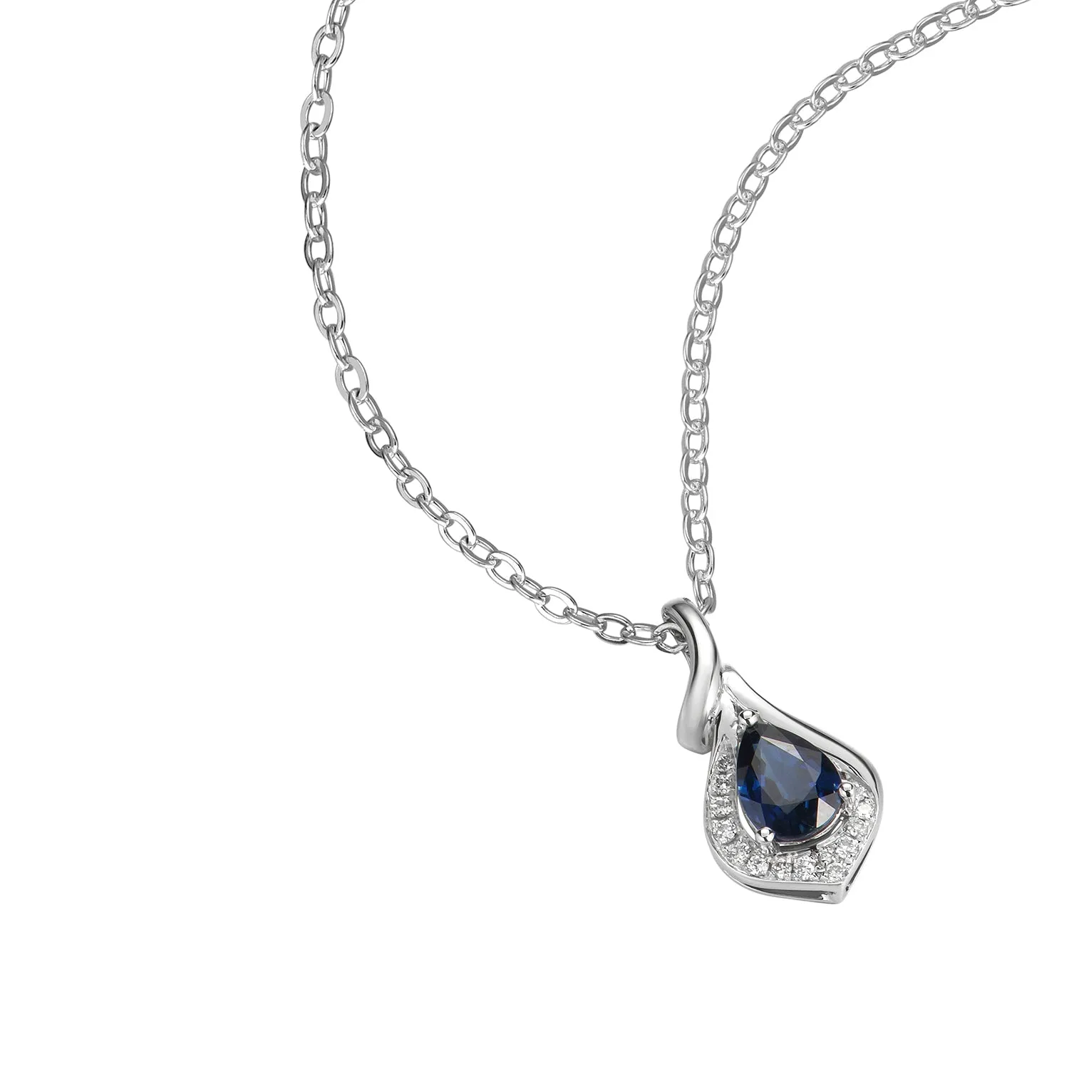 14K White Gold Pear Shape Sapphire Diamond Pendant Necklace