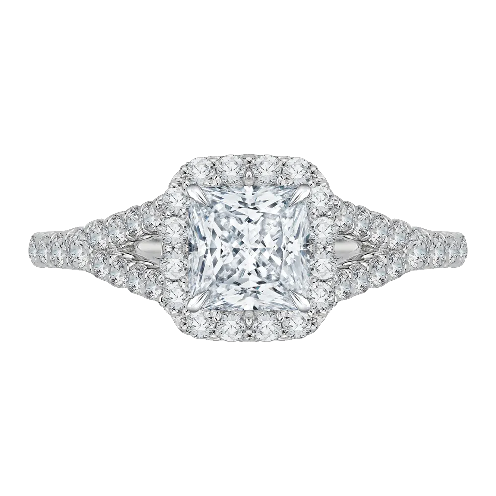 14K White Gold Princess Diamond Halo Engagement Ring with Split Shank (Semi Mount)