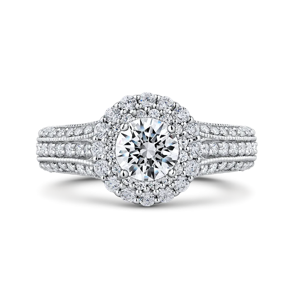 14K White Gold Round Cut Diamond Double Halo Vintage Engagement Ring