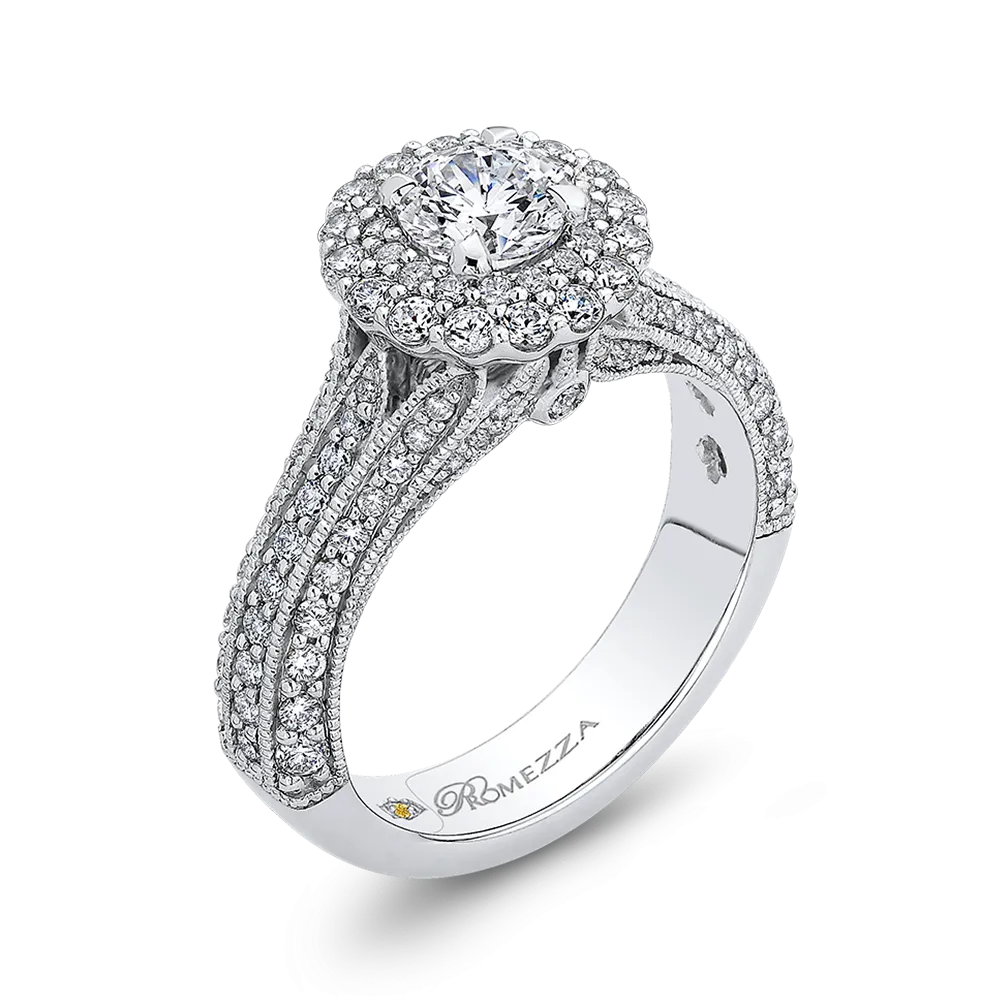 14K White Gold Round Cut Diamond Double Halo Vintage Engagement Ring