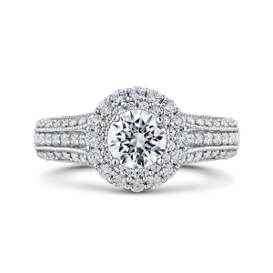 14K White Gold Round Cut Diamond Double Halo Vintage Engagement Ring