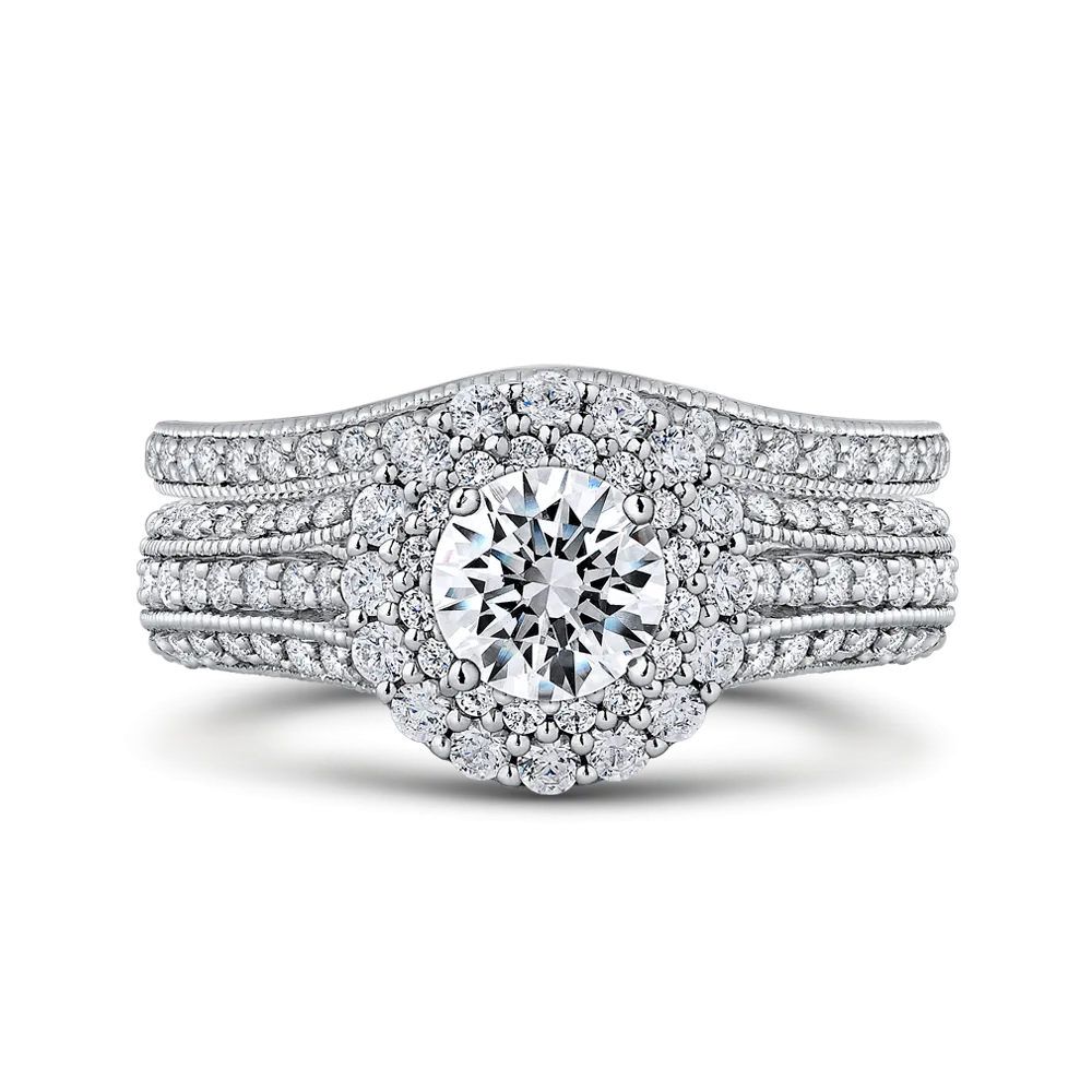 14K White Gold Round Cut Diamond Double Halo Vintage Engagement Ring