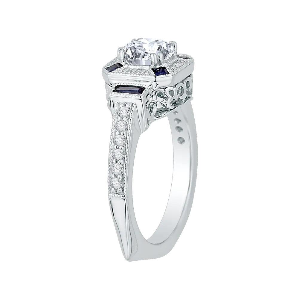 14K White Gold Round Diamond and Sapphire Engagement Ring (Semi Mount)