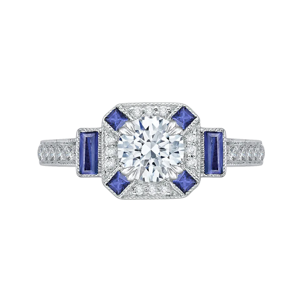 14K White Gold Round Diamond and Sapphire Engagement Ring (Semi Mount)