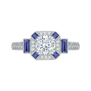 14K White Gold Round Diamond and Sapphire Engagement Ring (Semi Mount)