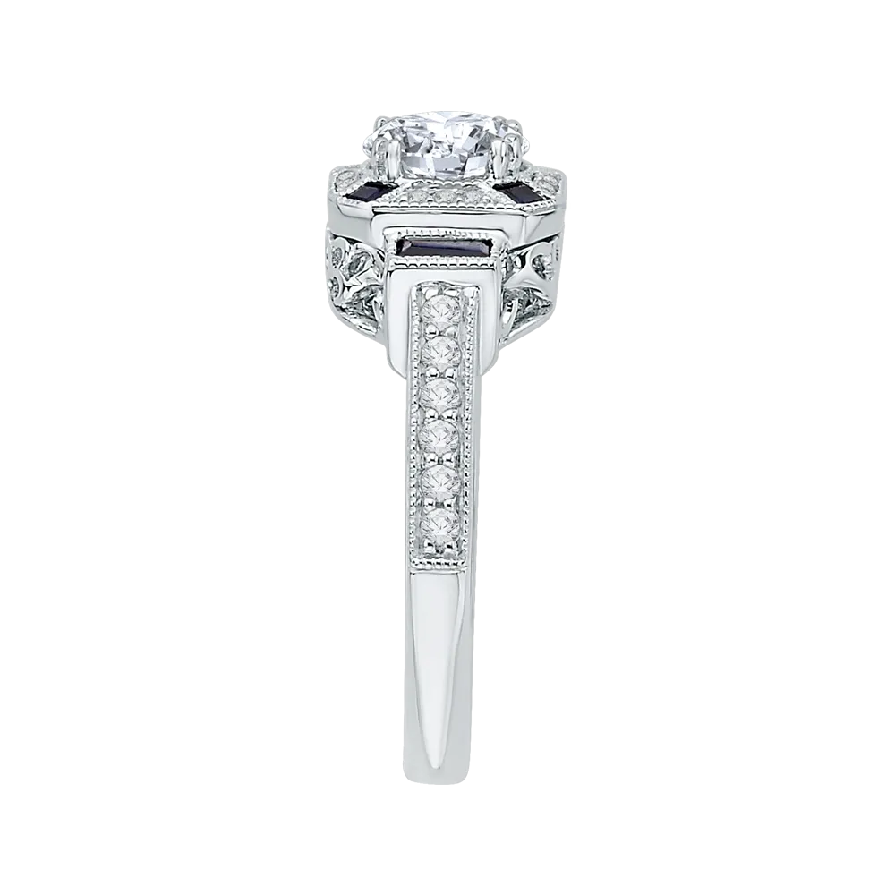 14K White Gold Round Diamond and Sapphire Engagement Ring (Semi Mount)