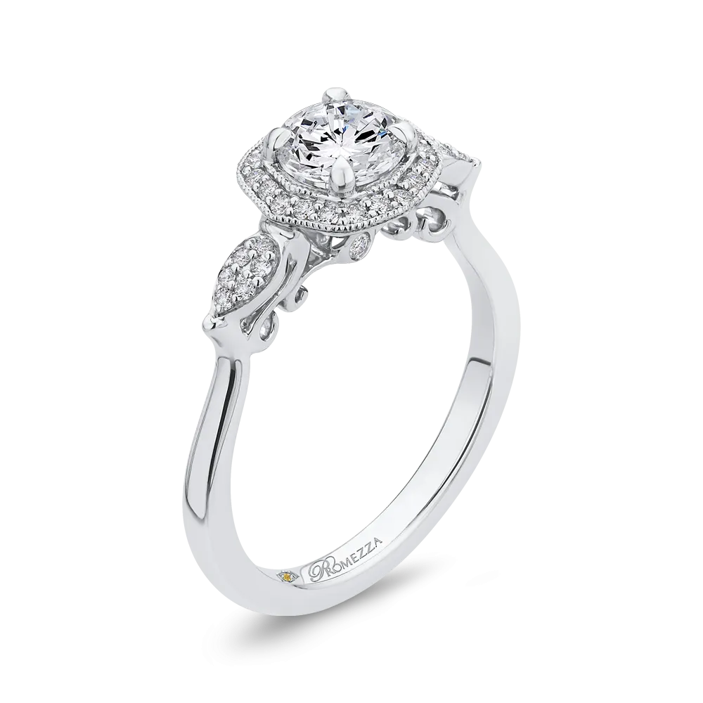 14K White Gold Round Diamond Floral Halo Engagement Ring