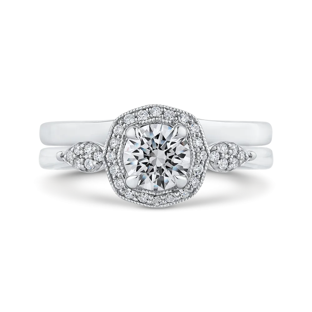 14K White Gold Round Diamond Floral Halo Engagement Ring
