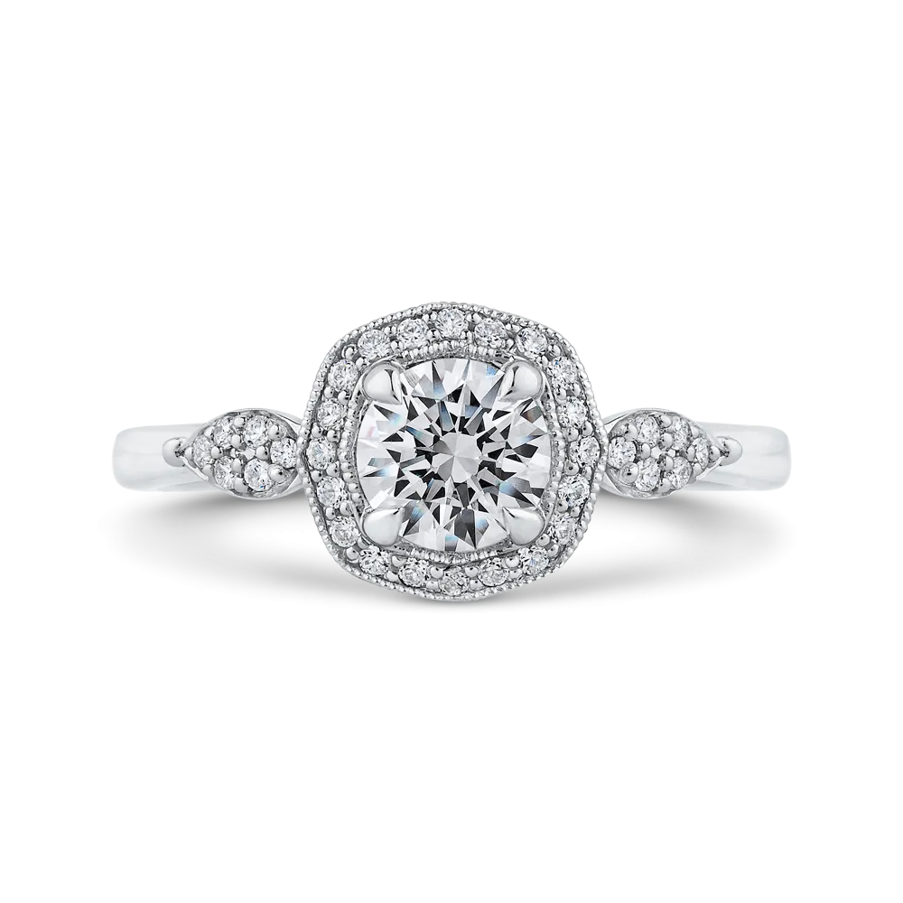 14K White Gold Round Diamond Floral Halo Engagement Ring