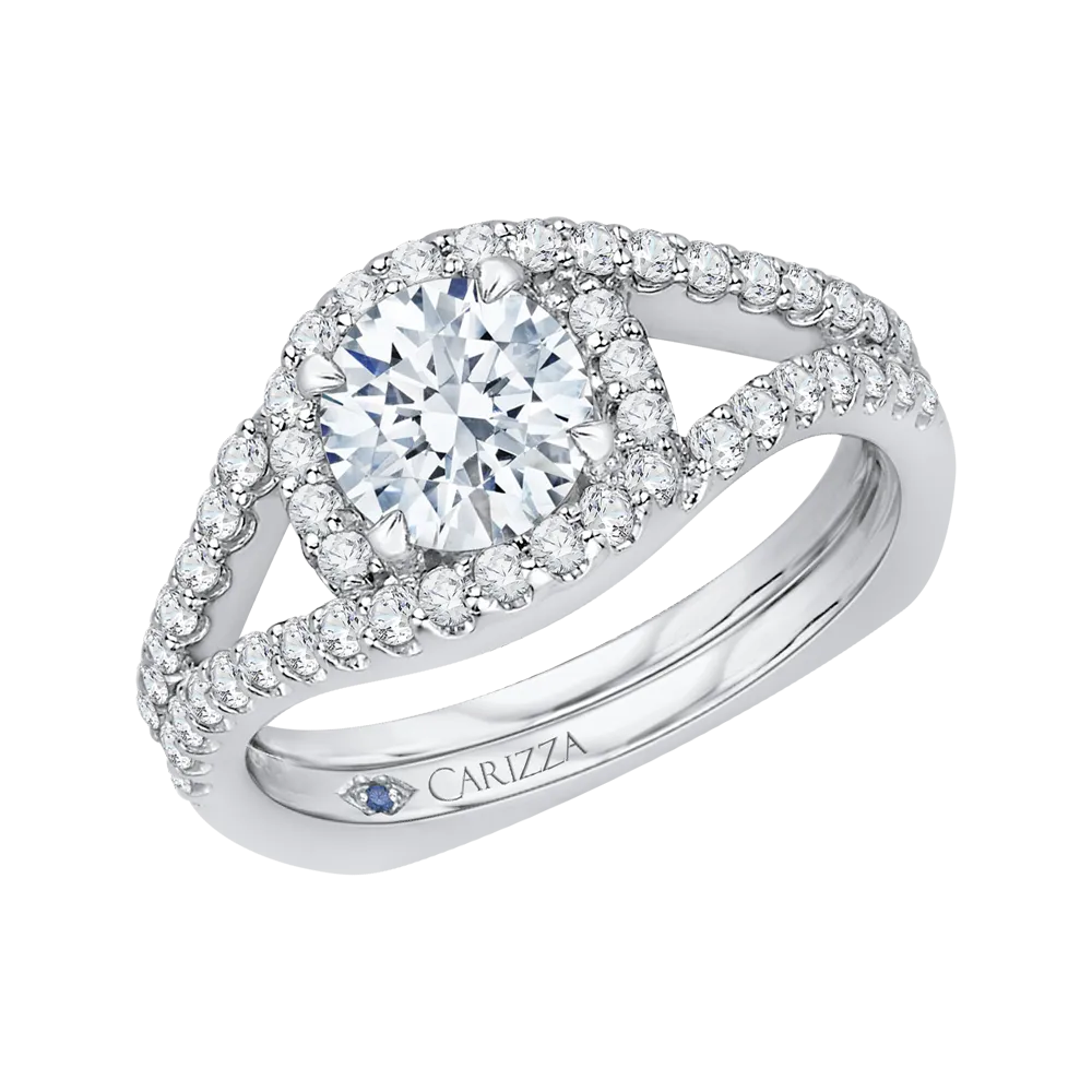 14K White Gold Round Diamond Halo Engagement Ring with Split Shank (Semi Mount)