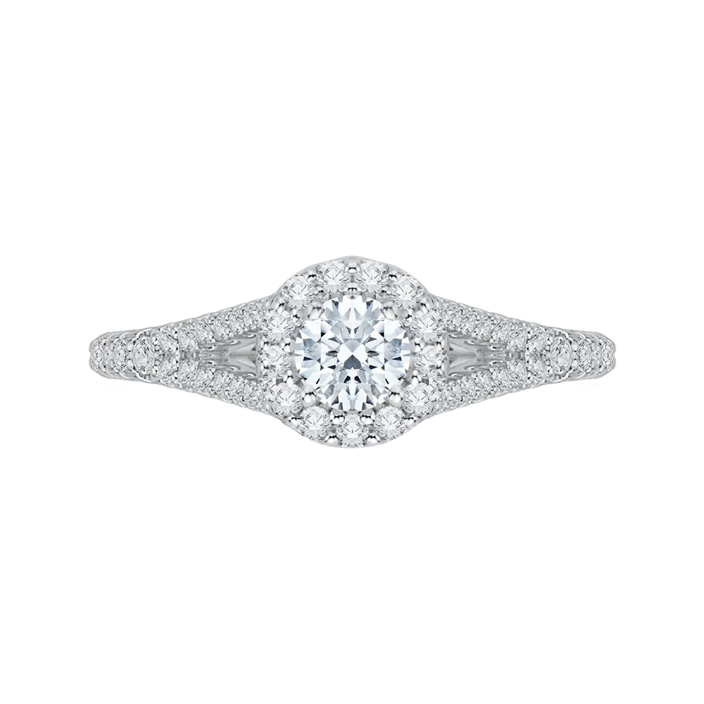 14K White Gold Round Diamond Halo Engagement Ring with Split Shank