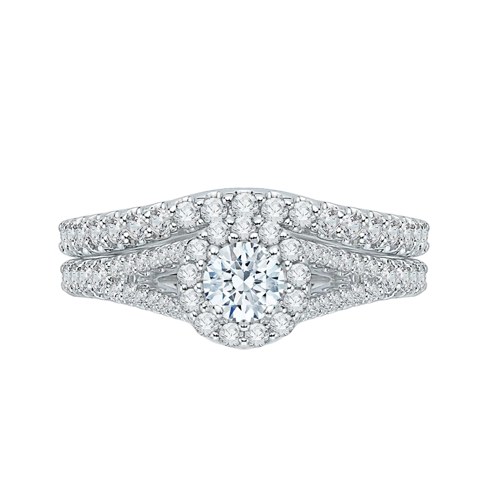 14K White Gold Round Diamond Halo Engagement Ring with Split Shank
