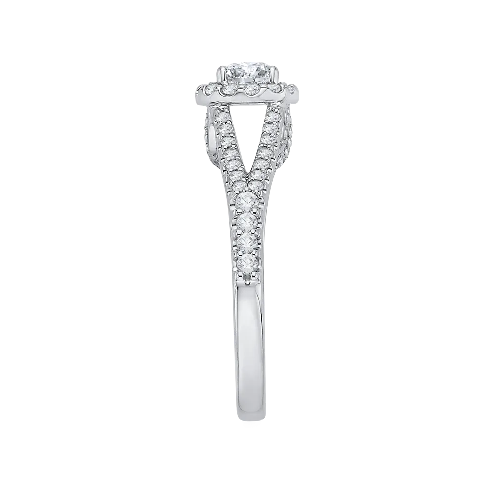 14K White Gold Round Diamond Halo Engagement Ring with Split Shank