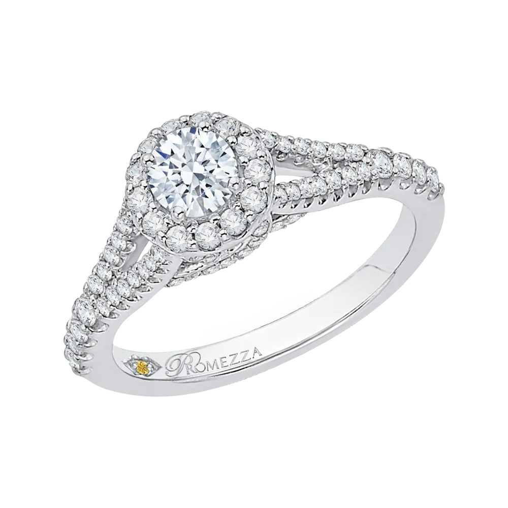 14K White Gold Round Diamond Halo Engagement Ring with Split Shank