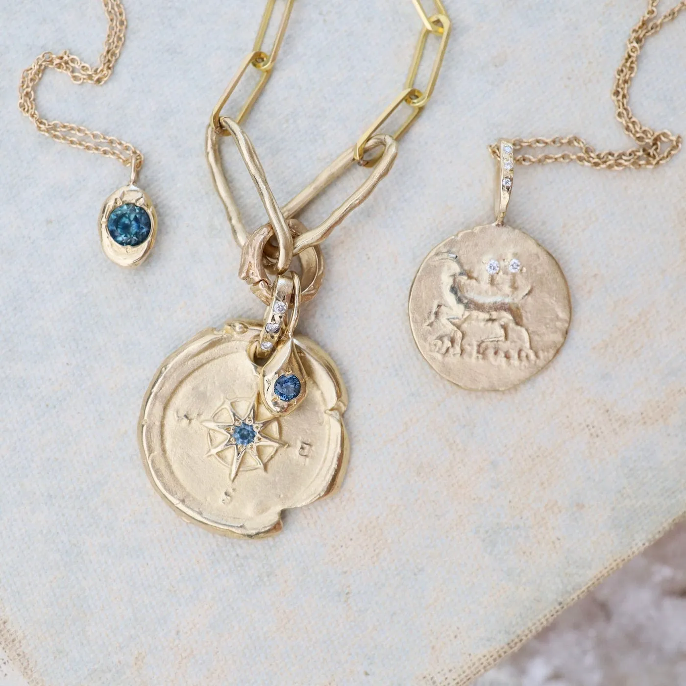 14k Yellow Gold Compass & Paperclip Necklace with Montana Sapphire