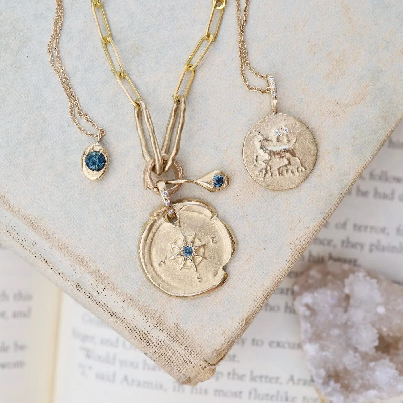 14k Yellow Gold Compass & Paperclip Necklace with Montana Sapphire