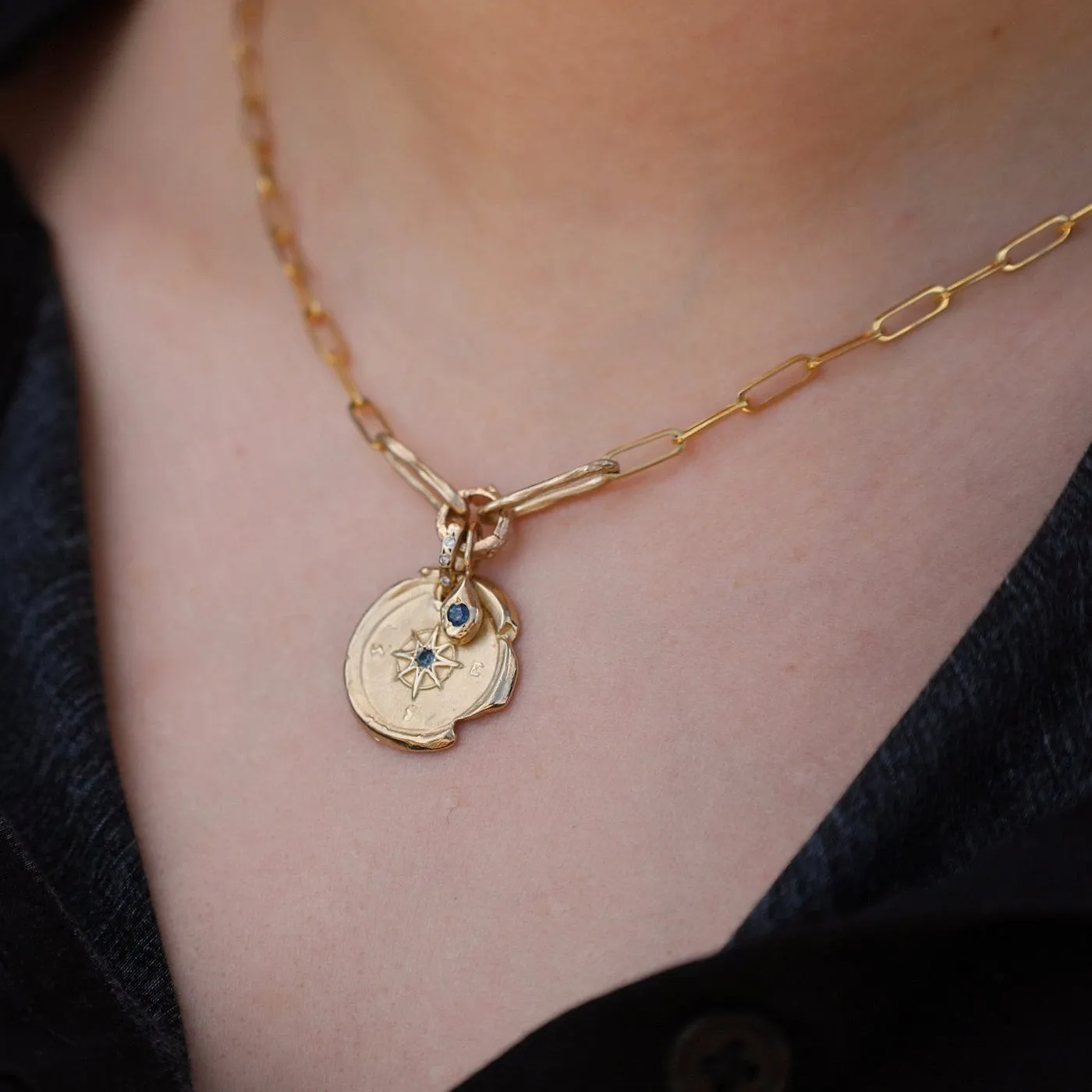 14k Yellow Gold Compass & Paperclip Necklace with Montana Sapphire