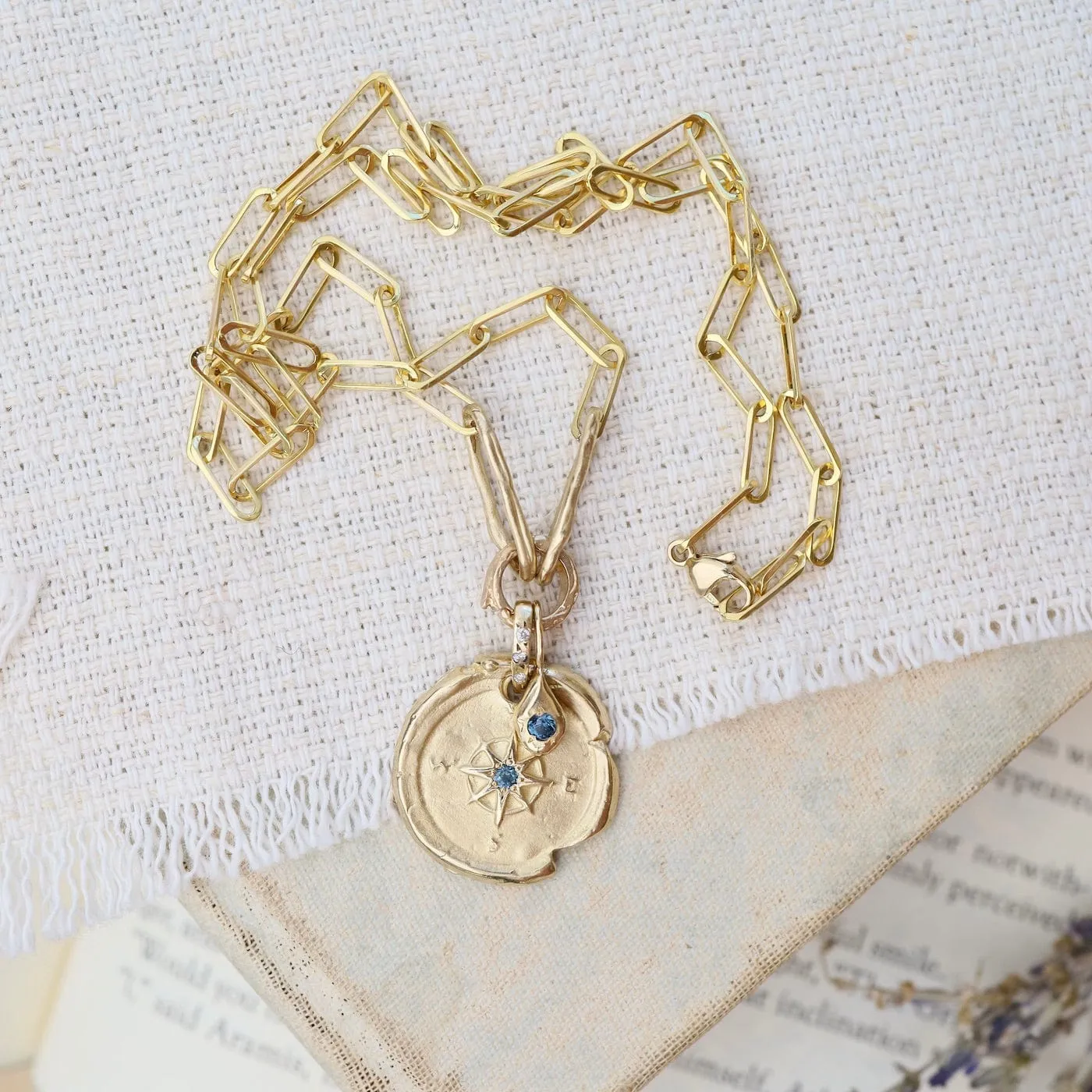 14k Yellow Gold Compass & Paperclip Necklace with Montana Sapphire
