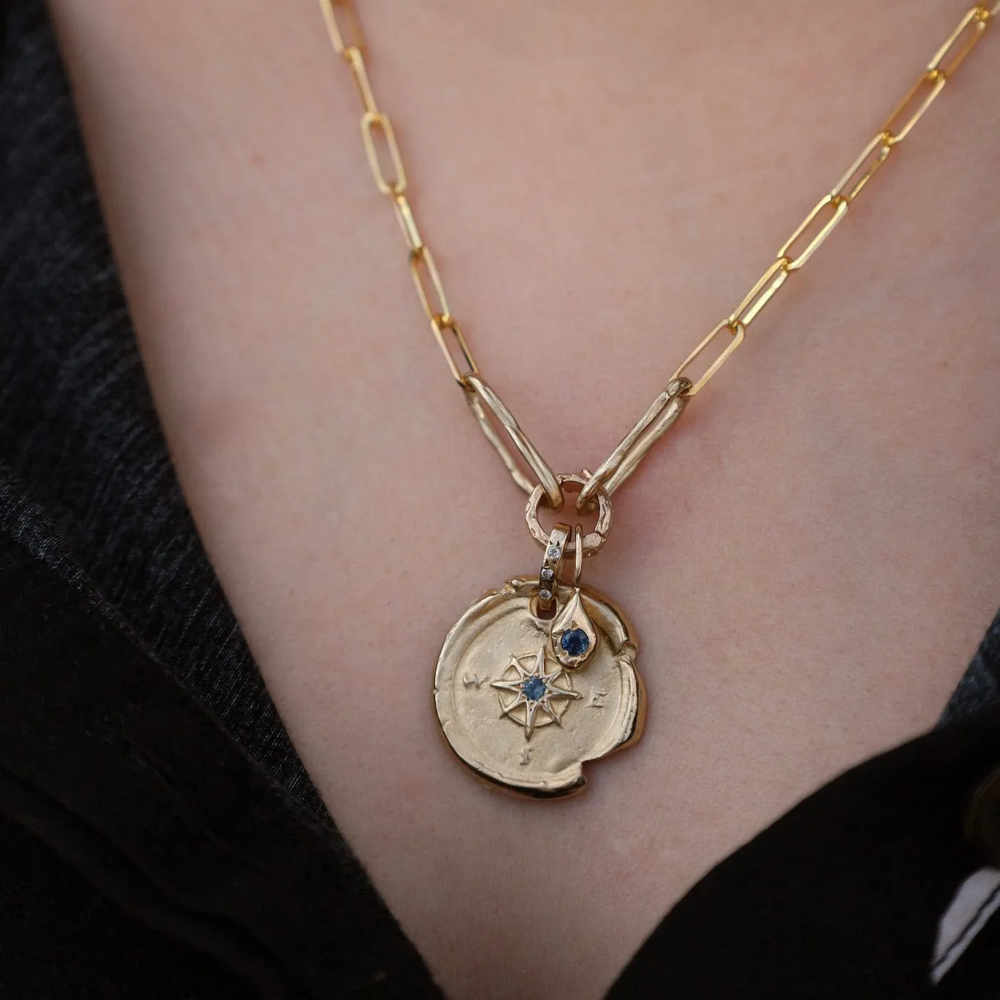 14k Yellow Gold Compass & Paperclip Necklace with Montana Sapphire