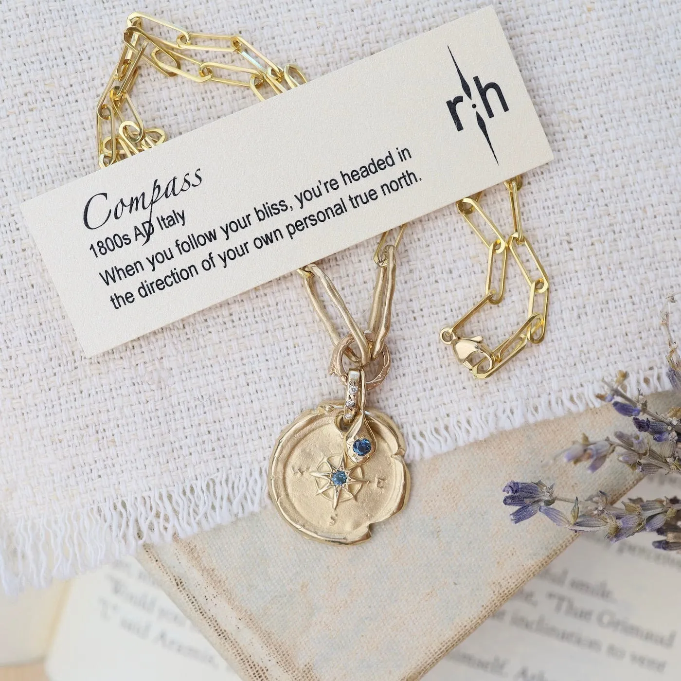 14k Yellow Gold Compass & Paperclip Necklace with Montana Sapphire