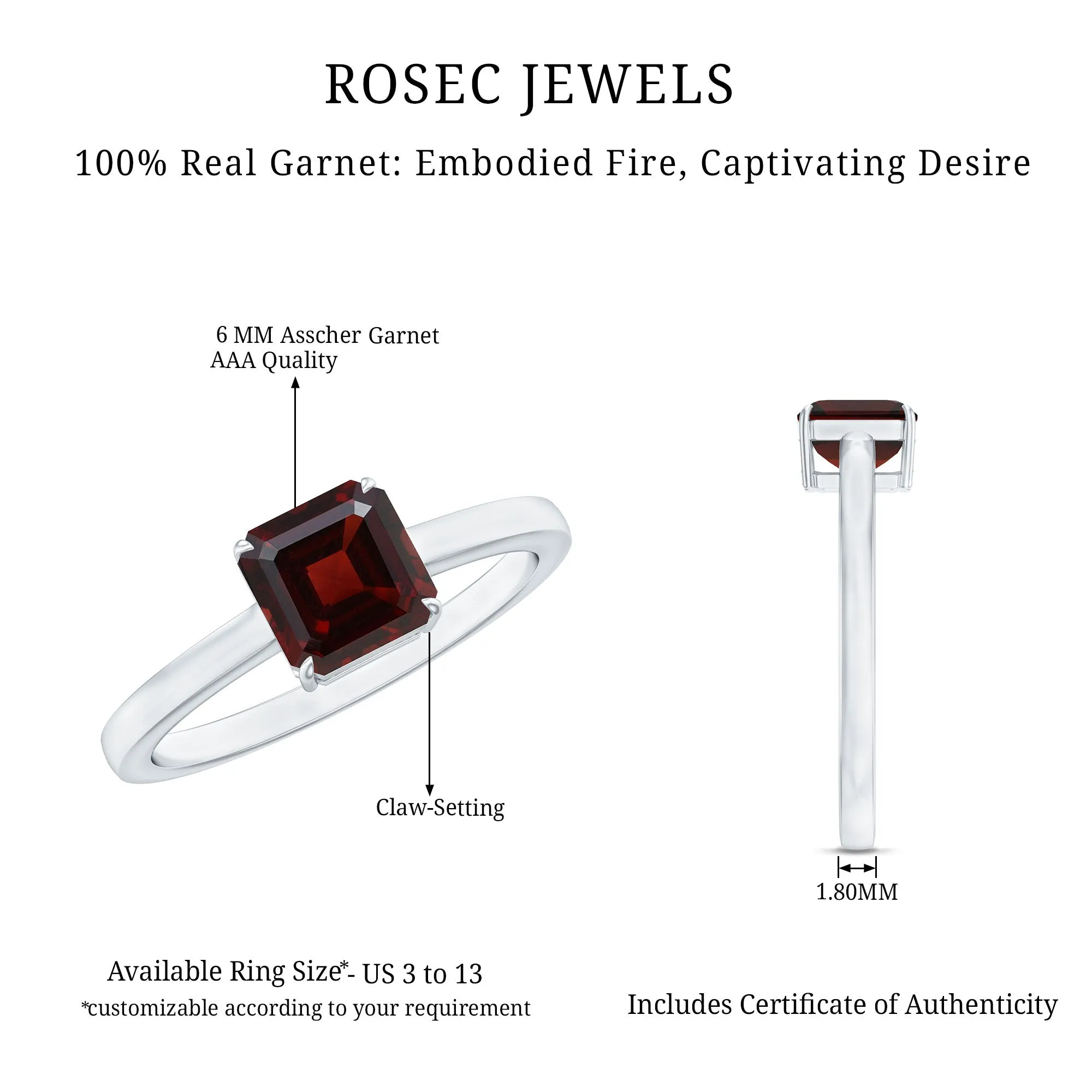 1.5 CT Asscher Cut Garnet Solitaire Ring in Claw Setting