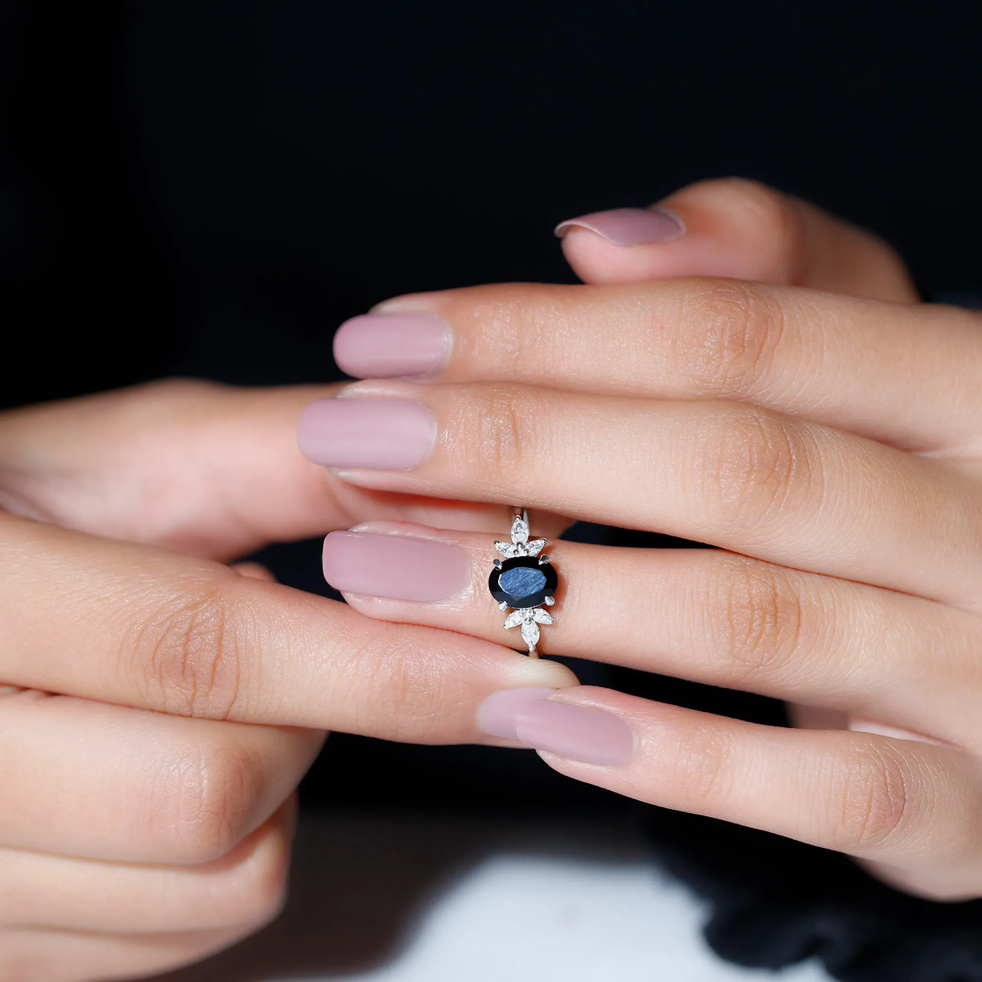 1.5 CT Claw Set Oval Black Onyx Solitaire Ring with Diamond