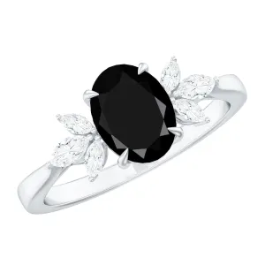 1.5 CT Claw Set Oval Black Onyx Solitaire Ring with Diamond