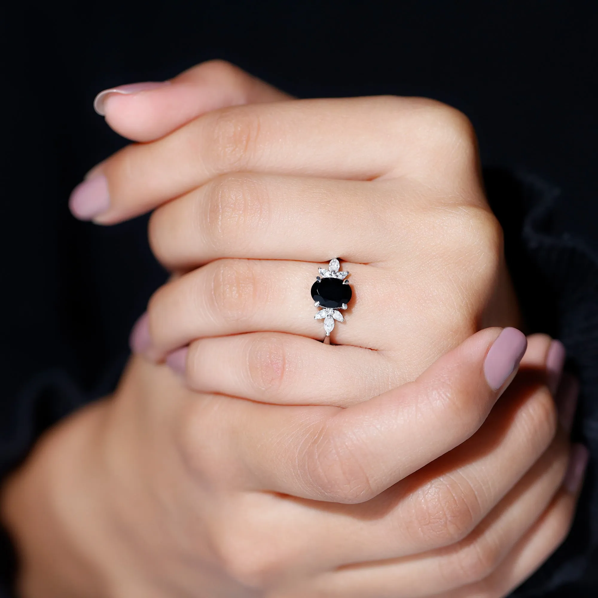 1.5 CT Claw Set Oval Black Onyx Solitaire Ring with Diamond