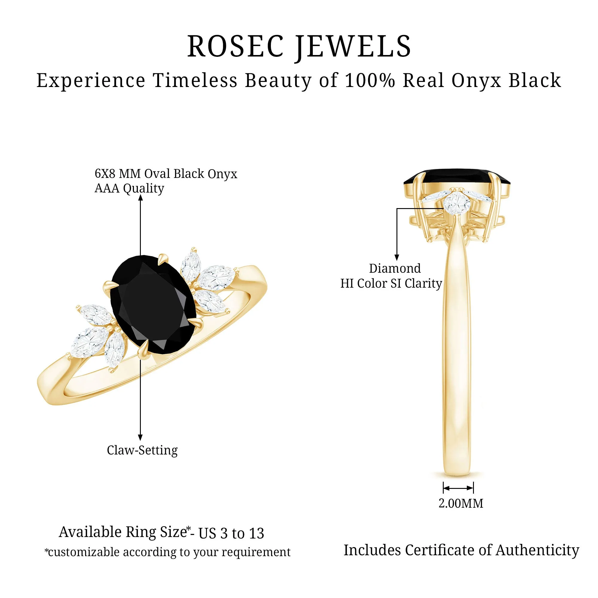 1.5 CT Claw Set Oval Black Onyx Solitaire Ring with Diamond