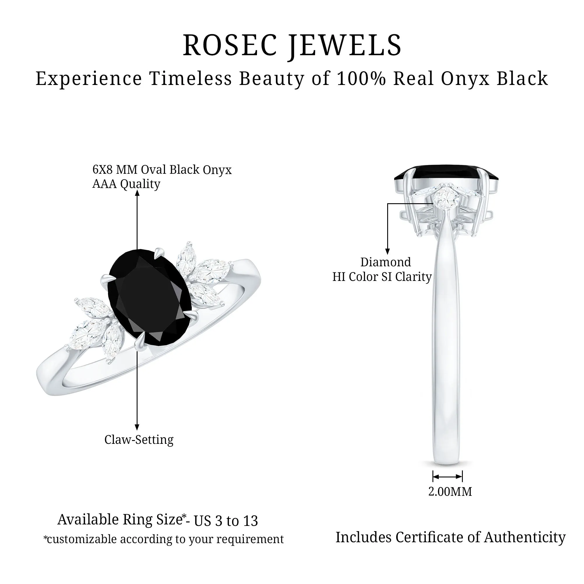 1.5 CT Claw Set Oval Black Onyx Solitaire Ring with Diamond