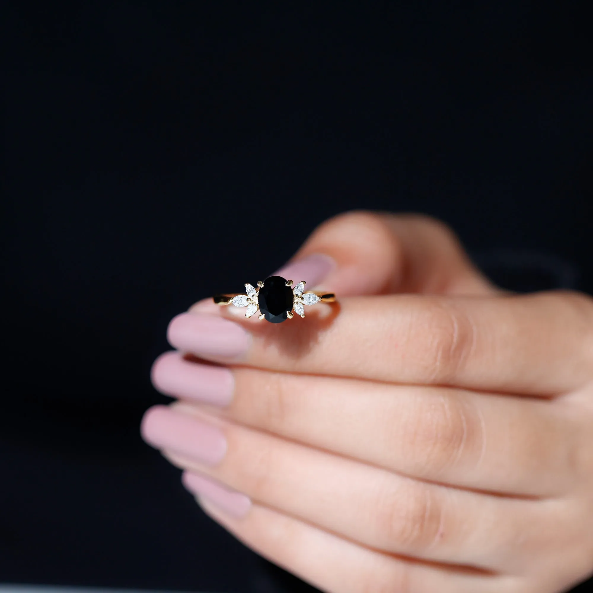 1.5 CT Claw Set Oval Black Onyx Solitaire Ring with Diamond