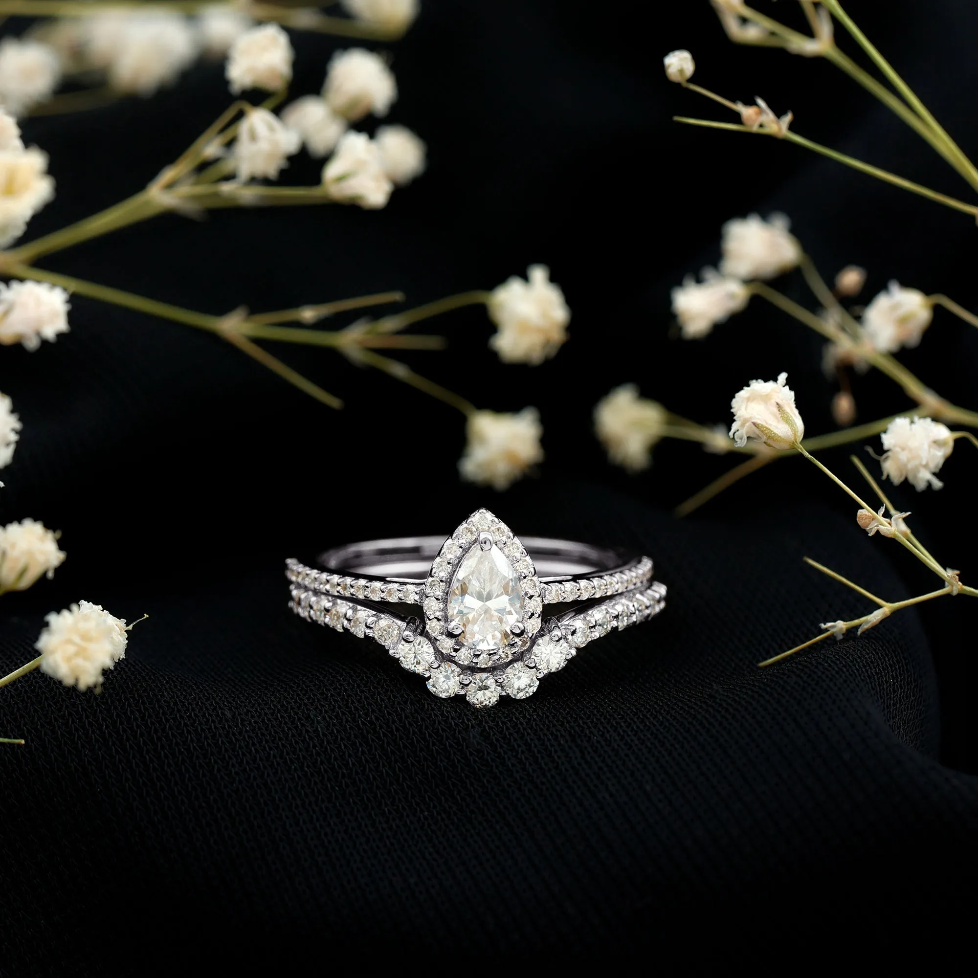 1.50 CT Certified Moissanite Designer Teardrop Ring Set