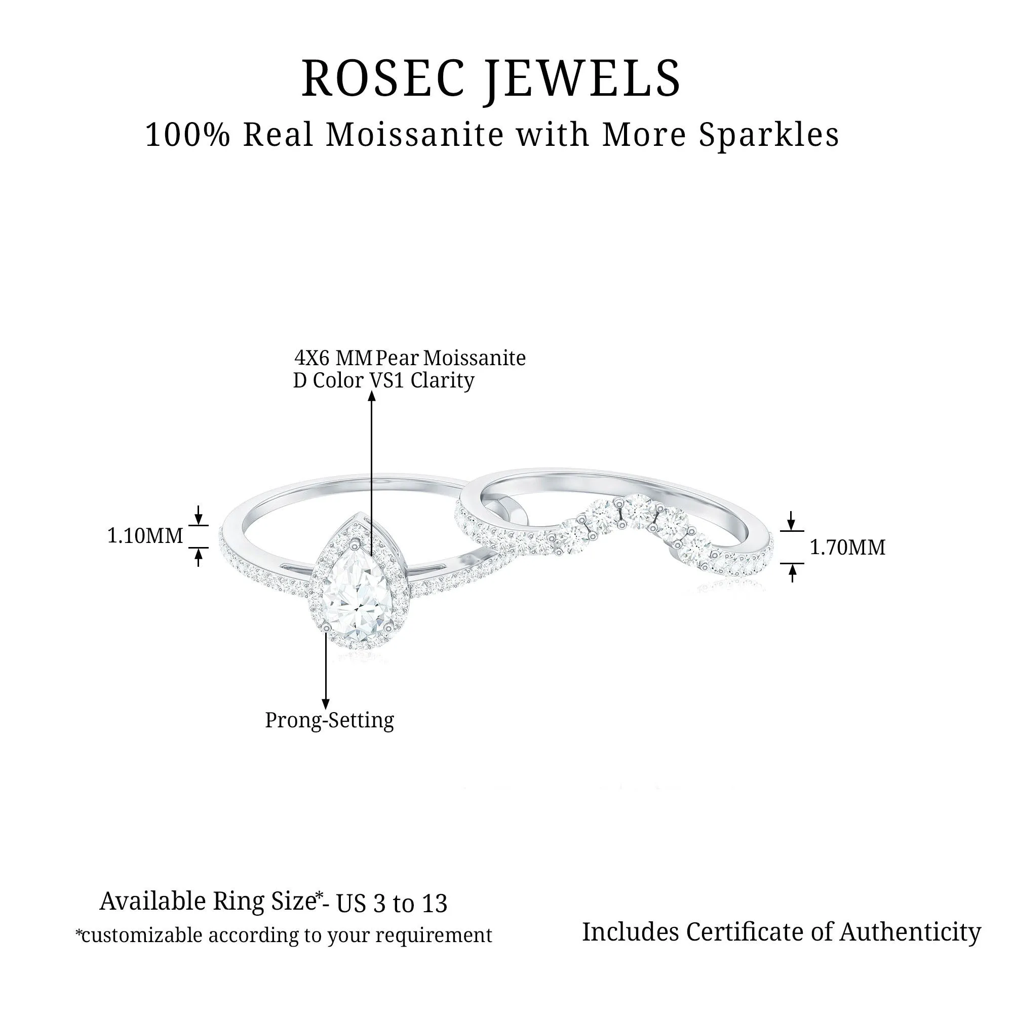 1.50 CT Certified Moissanite Designer Teardrop Ring Set