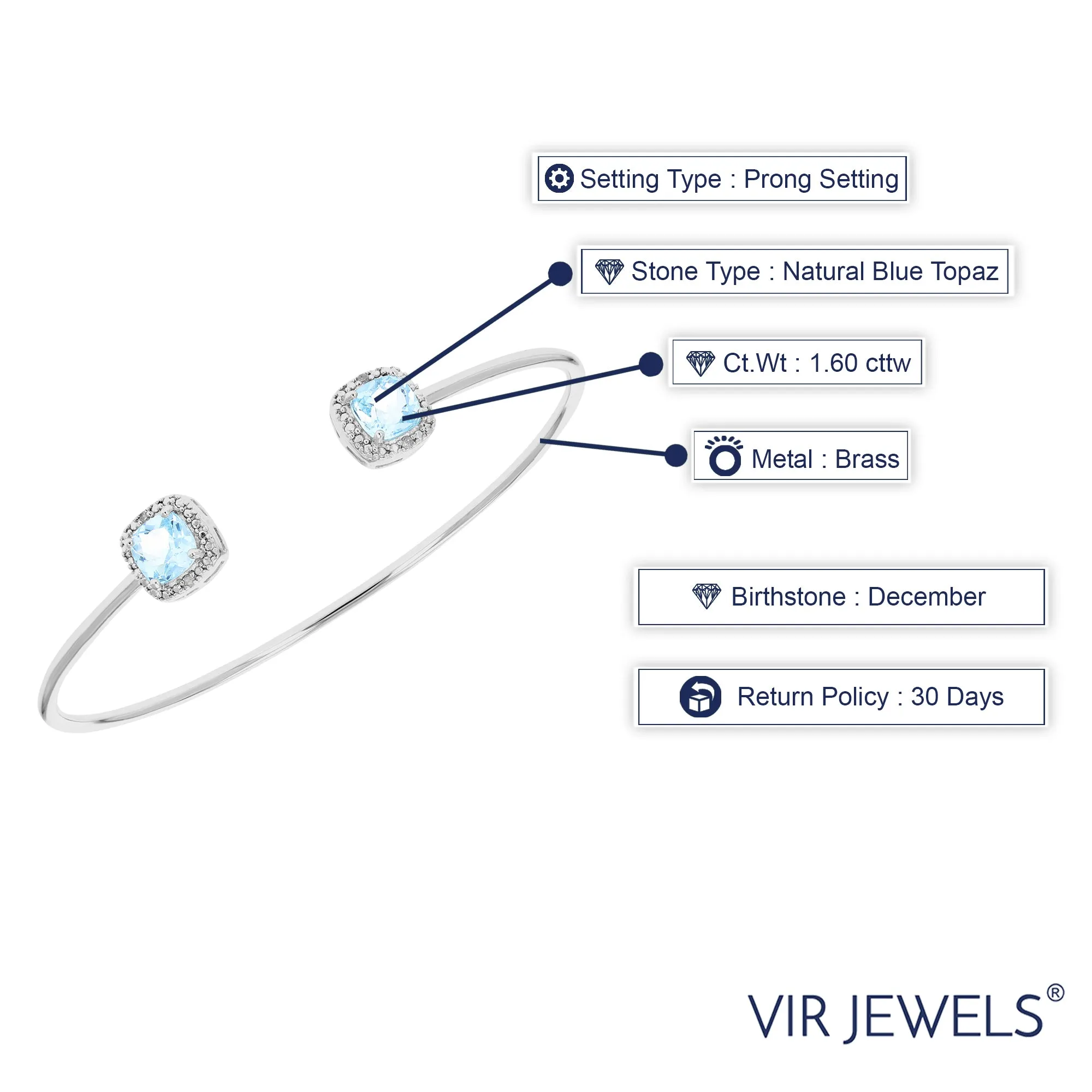 1.60 cttw Blue Topaz Bangle Bracelet Brass With Rhodium Plating 6 MM Cushion Cut