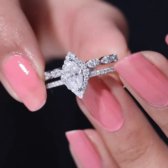 1.75 Ct Vintage Halo Moissanite Double Band Engagement Ring