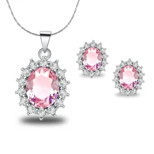 18K White Gold Created Pink Sapphire Round 4 Carat Oval Necklace Plated 18 inch