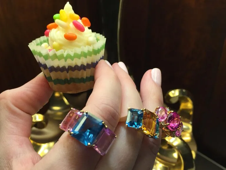 18kt Yellow Gold Mini Emerald Cut Ring with Pink Topaz and Blue Topaz