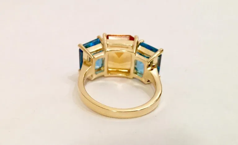 18kt Yellow Gold Mini Emerald Cut Ring with Pink Topaz and Blue Topaz
