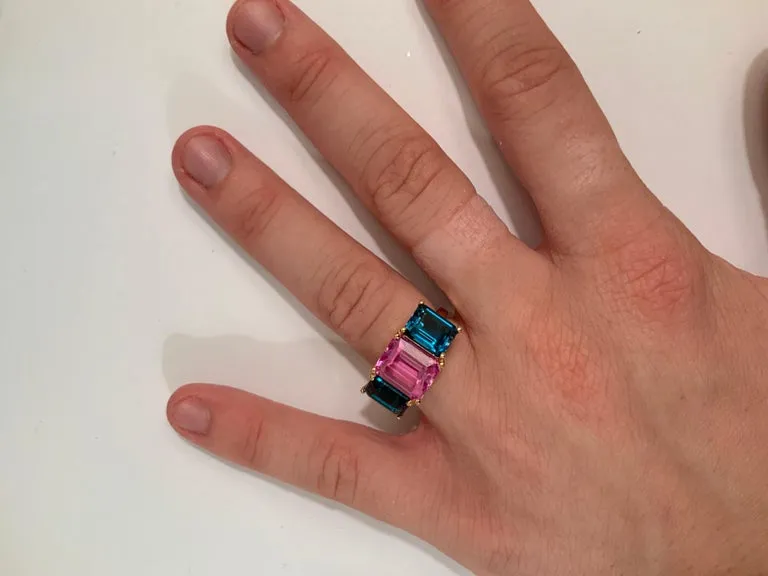 18kt Yellow Gold Mini Emerald Cut Ring with Pink Topaz and Blue Topaz