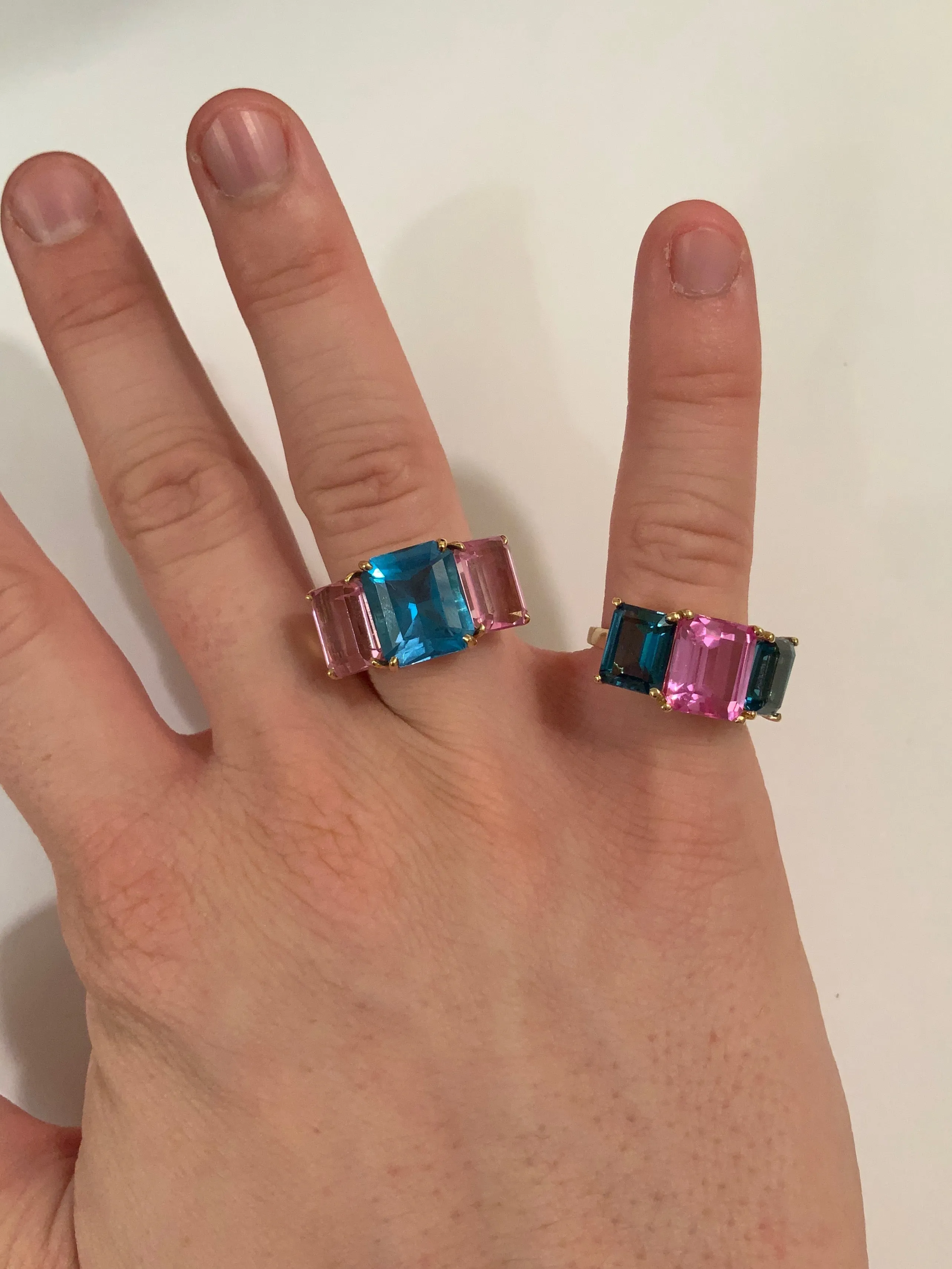 18kt Yellow Gold Mini Emerald Cut Ring with Pink Topaz and Blue Topaz