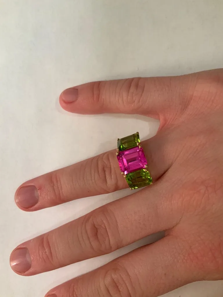 18kt Yellow Gold Mini Emerald Cut Ring with Pink Topaz and Blue Topaz