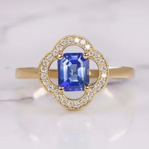 1ct SAPPHIRE DIAMOND RING FLORAL CLOVER 14k YELLOW GOLD NATURAL EMERALD CUT BLUE