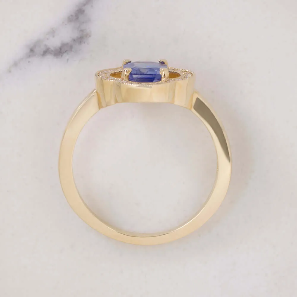 1ct SAPPHIRE DIAMOND RING FLORAL CLOVER 14k YELLOW GOLD NATURAL EMERALD CUT BLUE