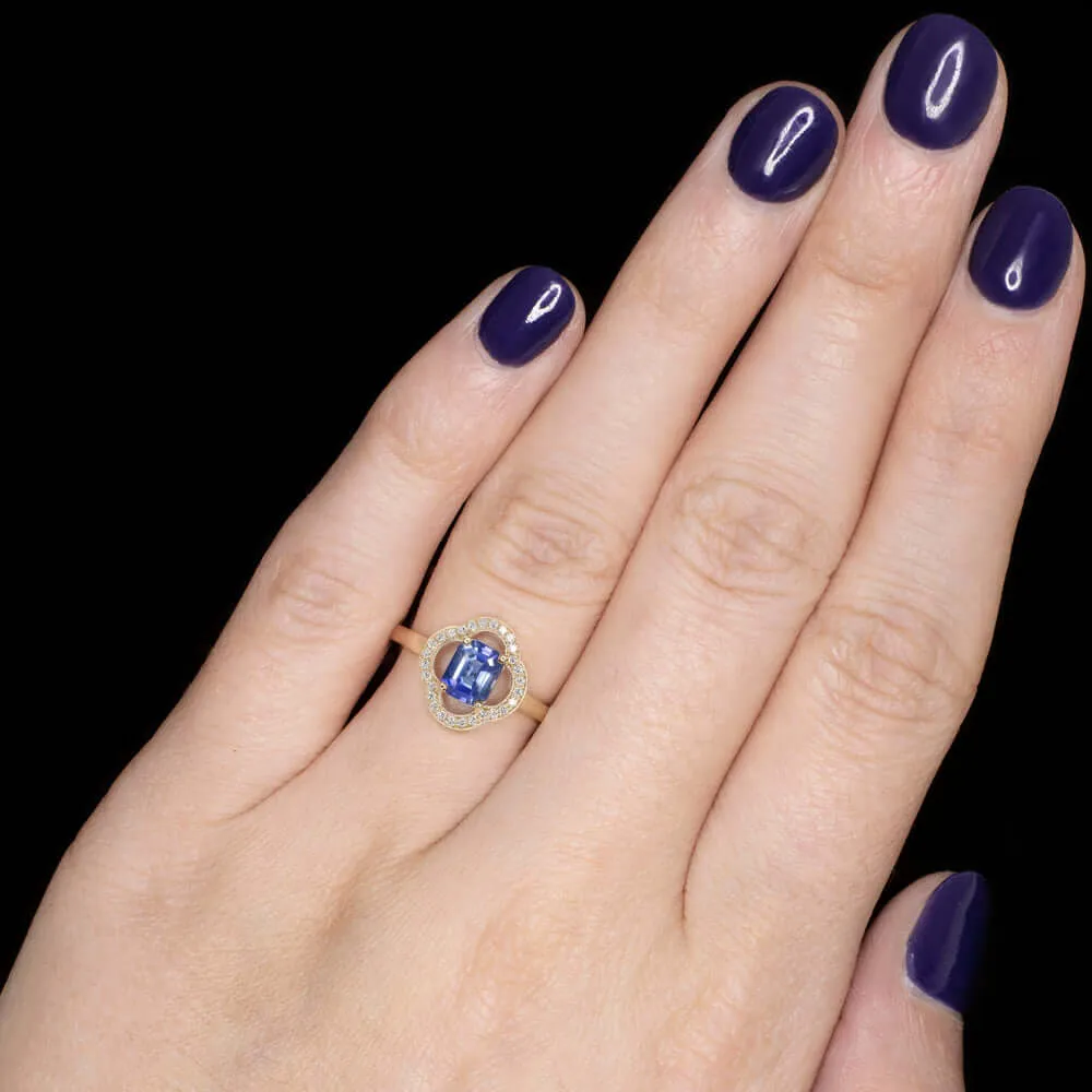 1ct SAPPHIRE DIAMOND RING FLORAL CLOVER 14k YELLOW GOLD NATURAL EMERALD CUT BLUE