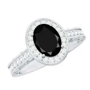 2 CT Black Onyx and Diamond Engagement Ring with Milgrain Details