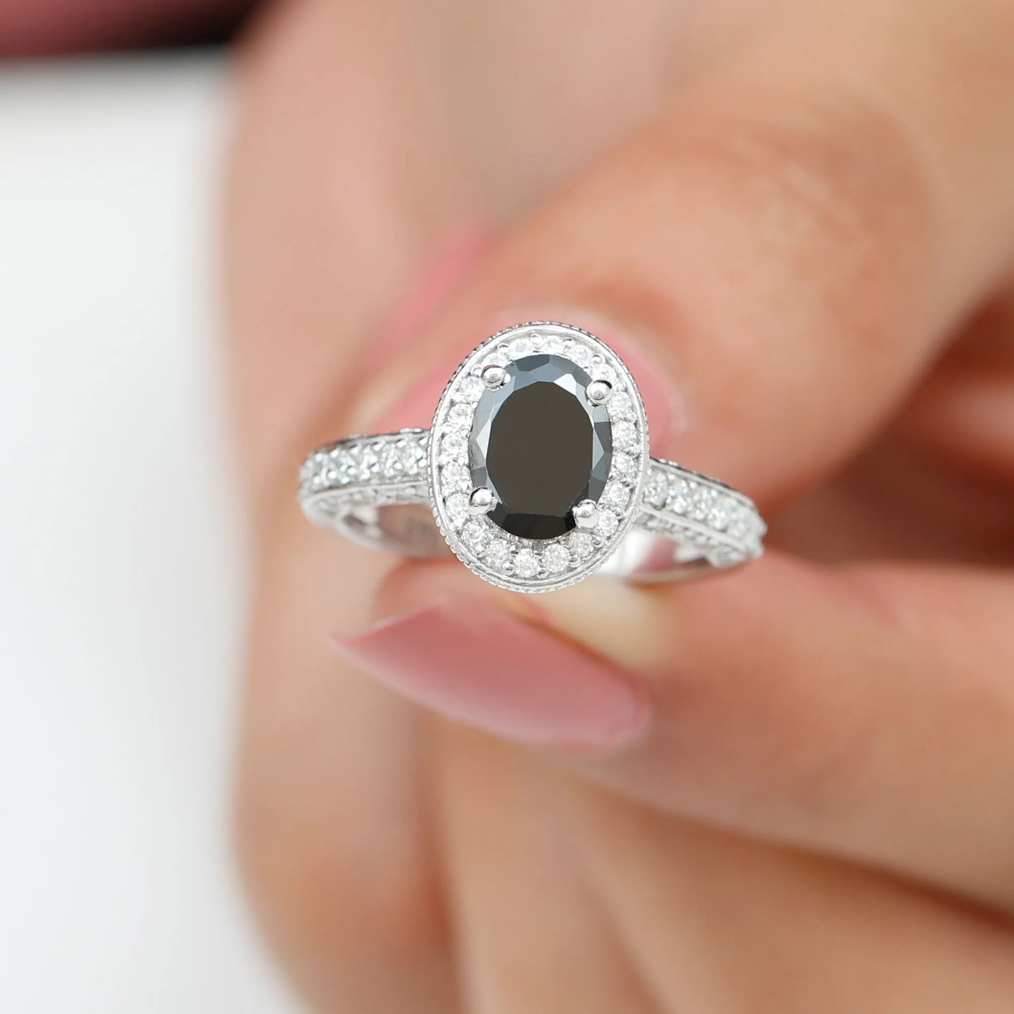 2 CT Black Onyx and Diamond Engagement Ring with Milgrain Details