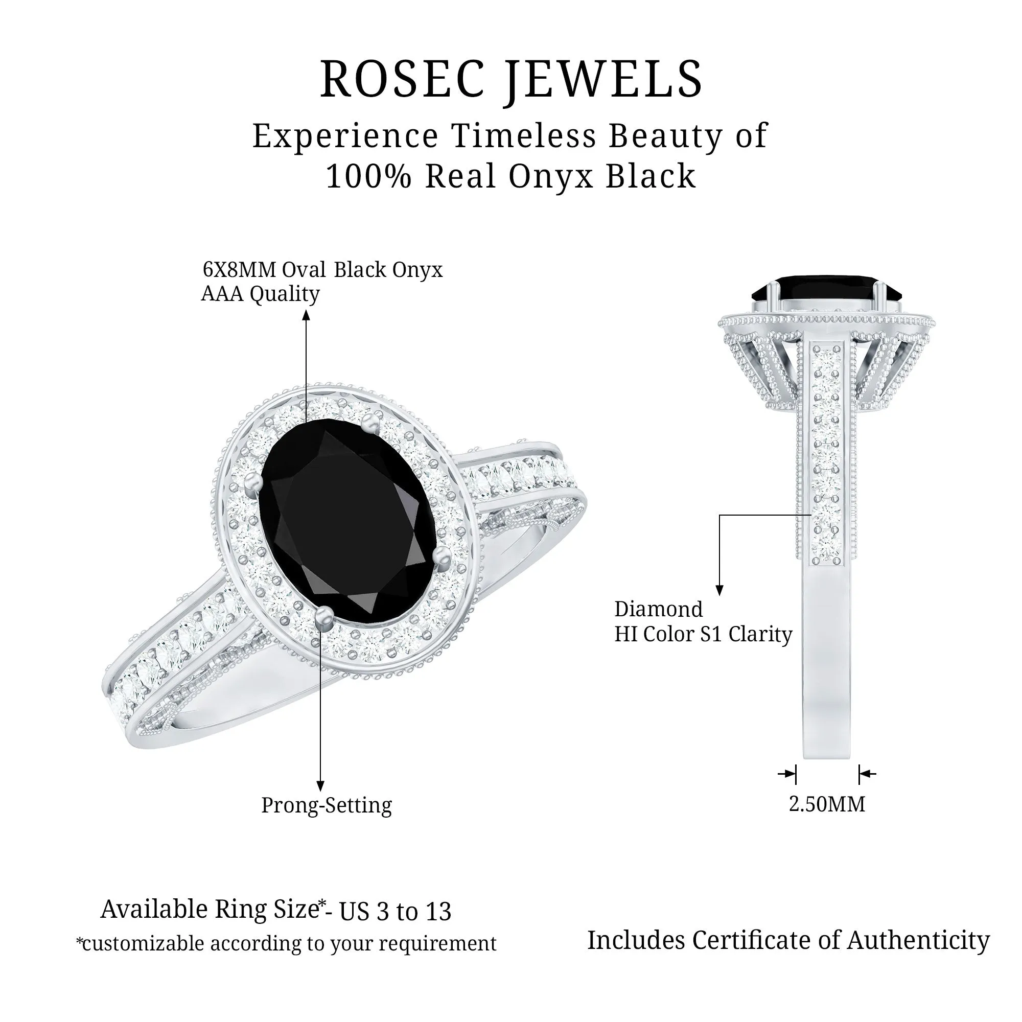 2 CT Black Onyx and Diamond Engagement Ring with Milgrain Details